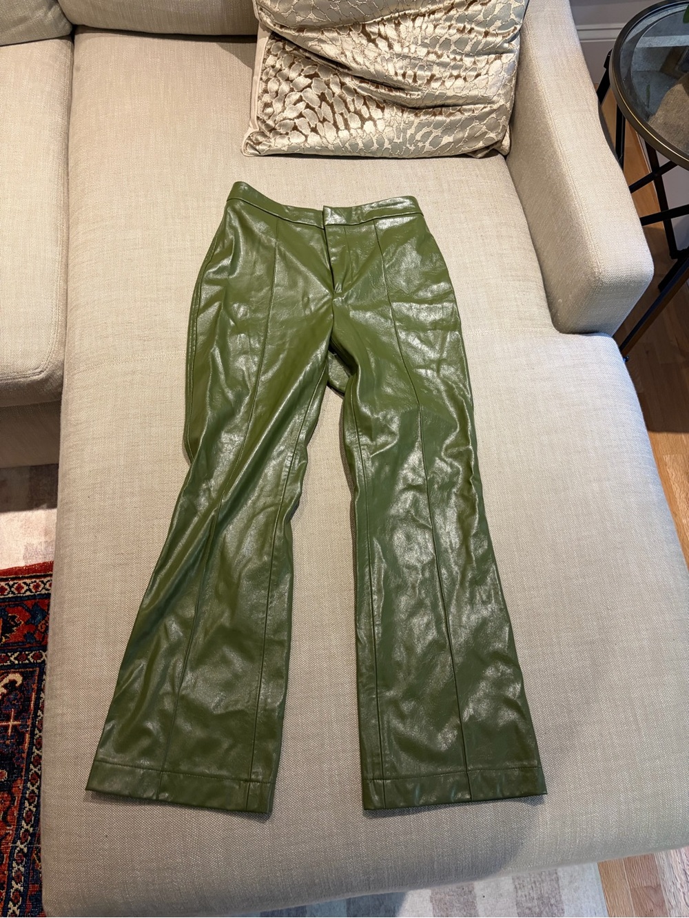 Zara Olive Green Faux Leather Boot-Cut Pants